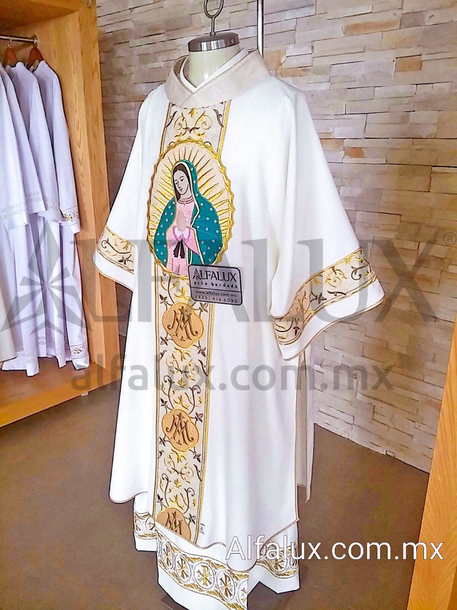 07 JHS MA Blanco Brocado BRONCE DALMATICA Medallon Virgen 344